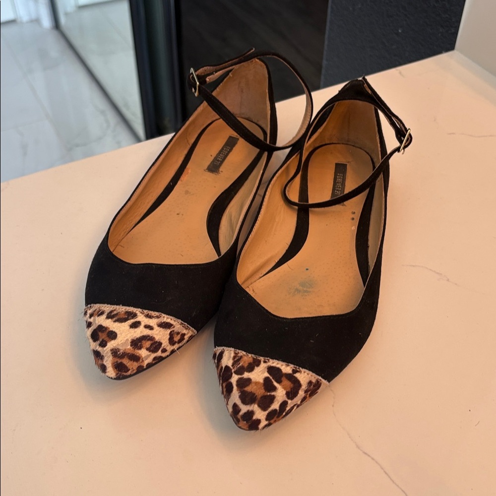 Black pointy black Flats with Leopard Print Toe pinup rockabilly shoes